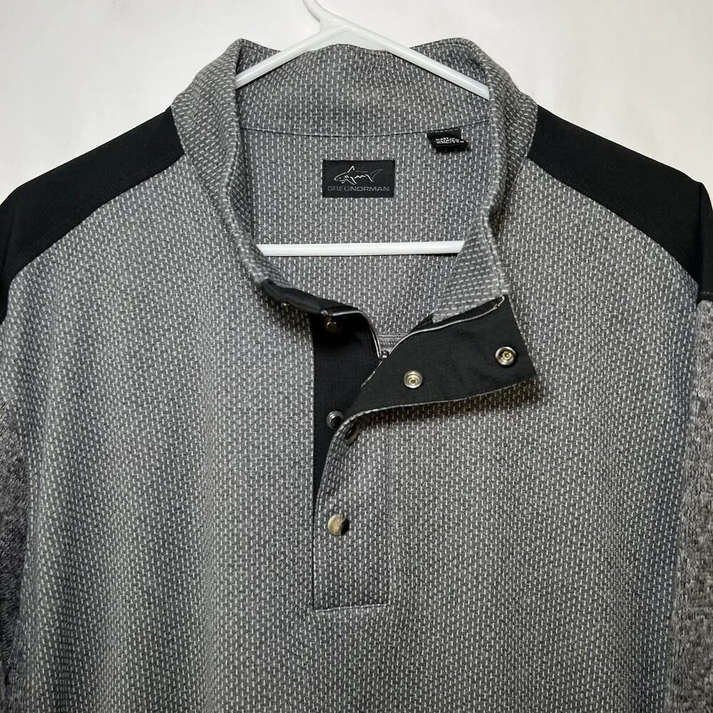 Greg Norman 1/4 Zip Snap Sweater Mens Size XXL 2XL Gray Long Sleeve Shark Logo